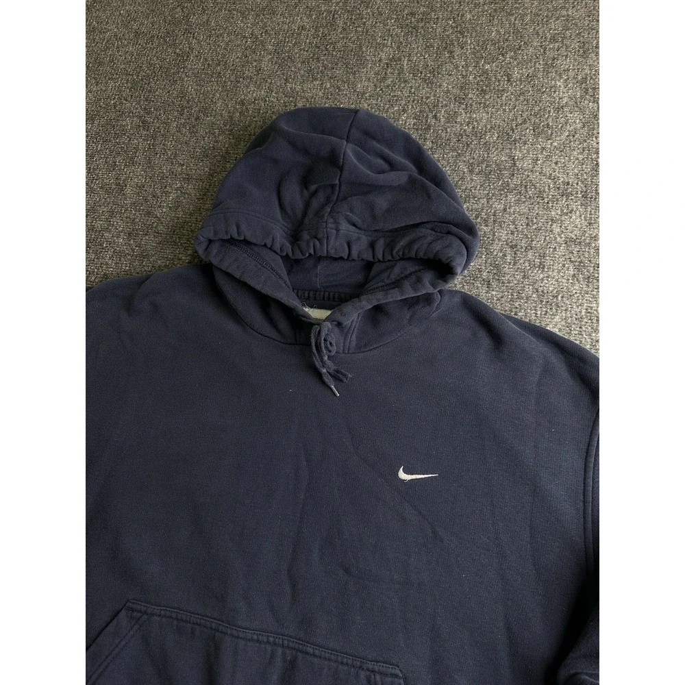 Mens 90s Nike Mini Swoosh Pullover Hoodie Navy, Size L - Picture 2 of 5